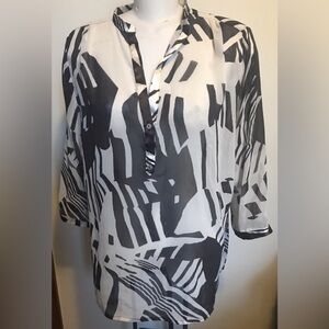 Olsen’ Women's Sheer Black and Off White Abstract Print Top/Tunic- Size XL